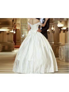 Satin Off-the-Shoulder Floor Length Ball Gown Wedding Dress with Sequins