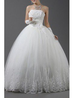 Organza Strapless Floor Length Ball Gown Wedding Dress with Handmade Flowers