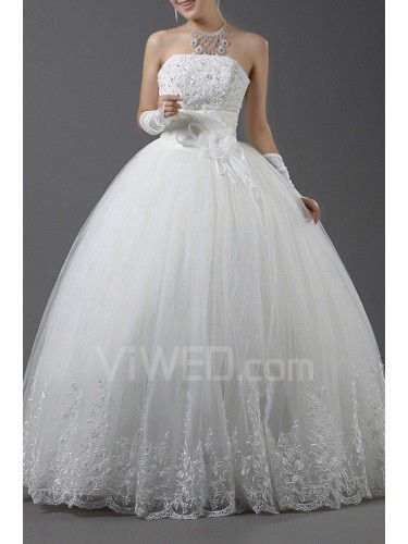 Organza Strapless Floor Length Ball Gown Wedding Dress with Handmade Flowers