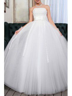 Satin Strapless Floor Length Ball Gown Wedding Dress with Handmade Flowers