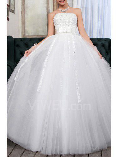 Satin Strapless Floor Length Ball Gown Wedding Dress with Handmade Flowers