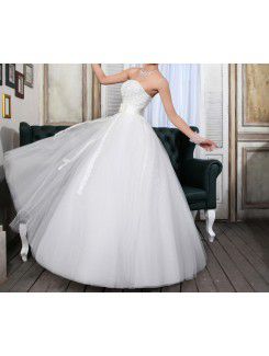 Satin Strapless Floor Length Ball Gown Wedding Dress with Handmade Flowers