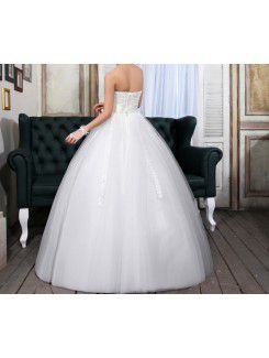 Satin Strapless Floor Length Ball Gown Wedding Dress with Handmade Flowers