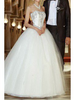 Satin Scoop Floor Length Ball Gown Wedding Dress with Crystal