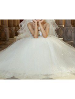 Satin Scoop Floor Length Ball Gown Wedding Dress with Crystal