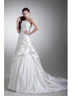 Satin Scallop Sweep Train A-line Embroidered Wedding Dress