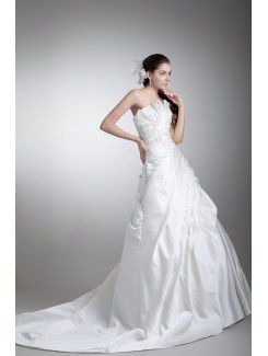 Satin Scallop Sweep Train A-line Embroidered Wedding Dress