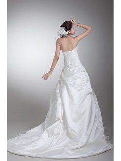 Satin Scallop Sweep Train A-line Embroidered Wedding Dress