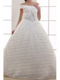 Lace Off-the-Shoulder Floor Length Ball Gown Wedding Dress with Crystal