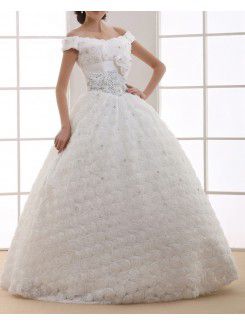 Lace Off-the-Shoulder Floor Length Ball Gown Wedding Dress with Crystal