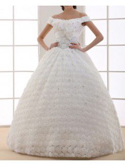 Lace Off-the-Shoulder Floor Length Ball Gown Wedding Dress with Crystal