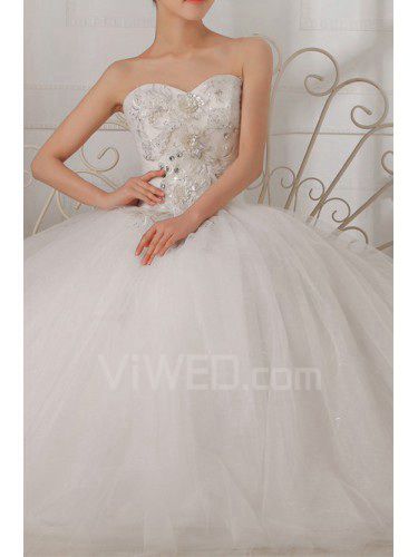 Organza sweetheart floor-lunghezza palla abito abito da sposa con i fiori fatti a mano