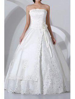 Satin Strapless Floor Length Ball Gown Wedding Dress with Pearls