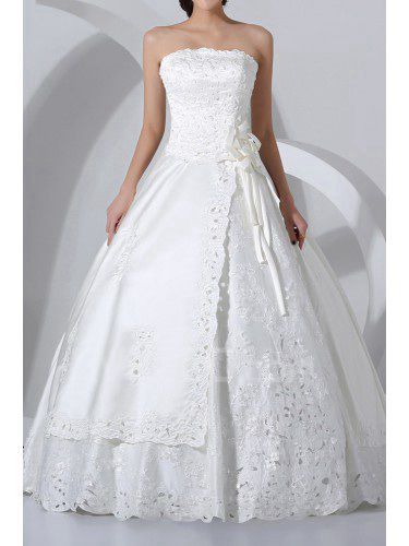 Satin Strapless Floor Length Ball Gown Wedding Dress with Pearls