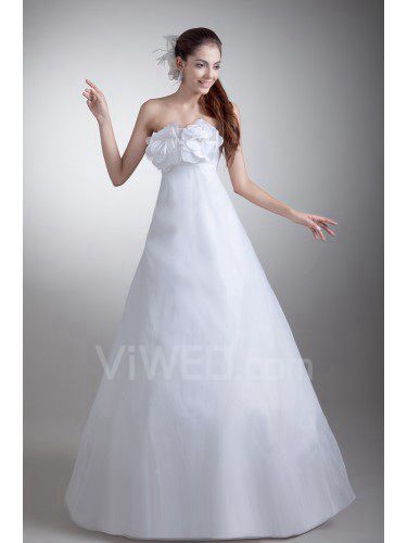 Organza and Satin Strapless Floor Length A-line Hand-made Flowers Wedding Dress