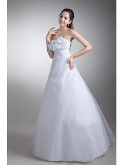 Organza and Satin Strapless Floor Length A-line Hand-made Flowers Wedding Dress