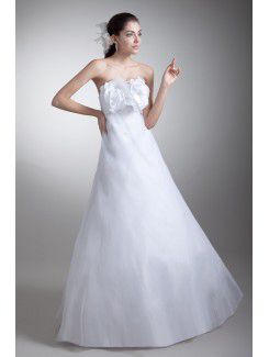 Organza and Satin Strapless Floor Length A-line Hand-made Flowers Wedding Dress