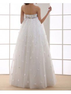 Organza Strapless Floor Length Ball Gown Wedding Dress with Handmade Flowers