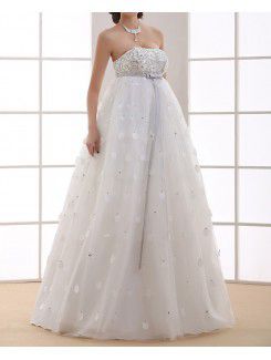 Organza Strapless Floor Length Ball Gown Wedding Dress with Handmade Flowers