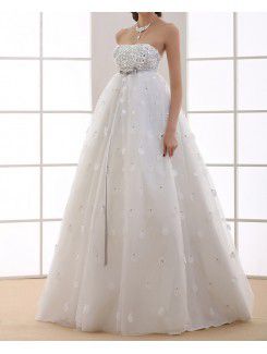 Organza Strapless Floor Length Ball Gown Wedding Dress with Handmade Flowers