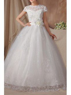 Organza Jewel Floor Length Ball Gown Wedding Dress with Handmade Flowers