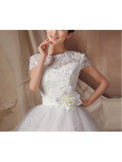 Organza Jewel Floor Length Ball Gown Wedding Dress with Handmade Flowers