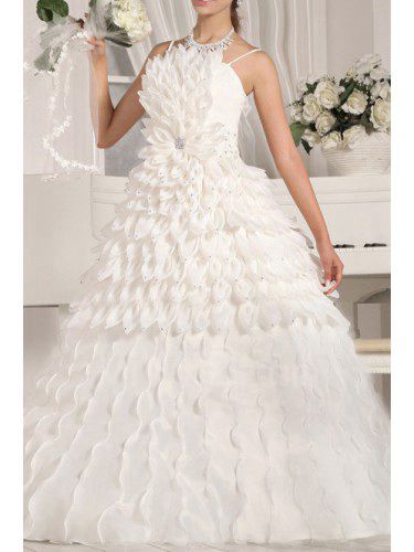 Tulle Spaghetti Floor Length Ball Gown Wedding Dress with Handmade Flowers