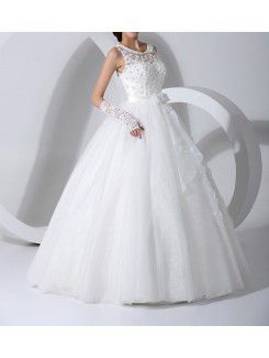 Satin Jewel Floor Length Ball Gown Wedding Dress with Handmade Flowers