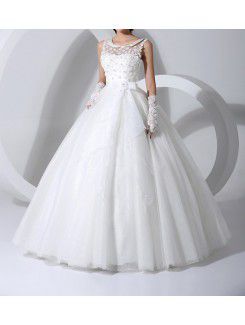 Satin Jewel Floor Length Ball Gown Wedding Dress with Handmade Flowers