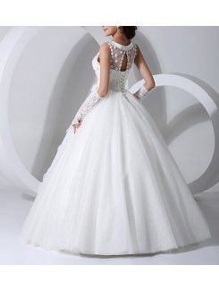 Satin Jewel Floor Length Ball Gown Wedding Dress with Handmade Flowers