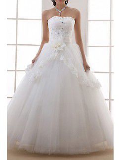 Organza Strapless Floor Length Ball Gown Wedding Dress with Handmade Flowers