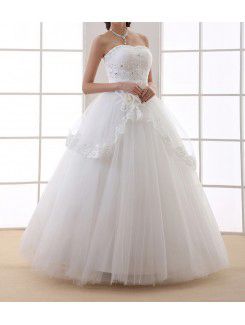 Organza Strapless Floor Length Ball Gown Wedding Dress with Handmade Flowers