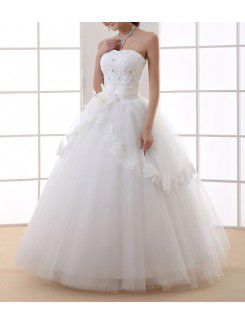 Organza Strapless Floor Length Ball Gown Wedding Dress with Handmade Flowers