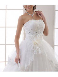 Organza Strapless Floor Length Ball Gown Wedding Dress with Handmade Flowers