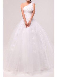 Organza One Shoulder Floor Length Ball Gown Wedding Dress with Handmade Flowers