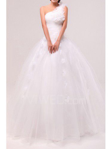 Organza One Shoulder Floor Length Ball Gown Wedding Dress with Handmade Flowers