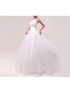 Organza One Shoulder Floor Length Ball Gown Wedding Dress with Handmade Flowers