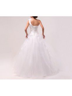 Organza One Shoulder Floor Length Ball Gown Wedding Dress with Handmade Flowers