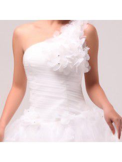 Organza One Shoulder Floor Length Ball Gown Wedding Dress with Handmade Flowers