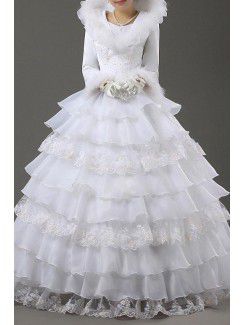 Satin Jewel Floor Length Ball Gown Wedding Dress with Handmade Flowers