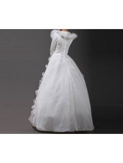 Satin Jewel Floor Length Ball Gown Wedding Dress with Handmade Flowers