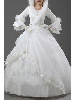 Satén joya piso-longitud del vestido de bola vestido de novia con flores hechas a mano
