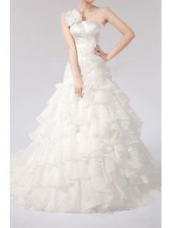 Satin Strapless Chapel Train Ball Gown Wedding Dress with Handmade Flowers