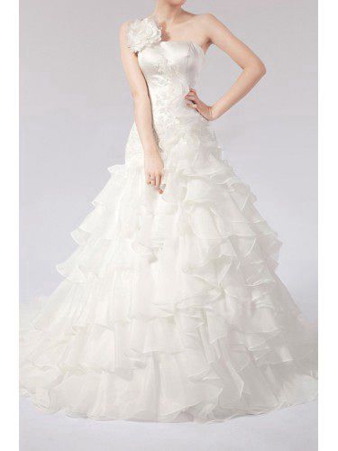 Satin Strapless Chapel Train Ball Gown Wedding Dress with Handmade Flowers