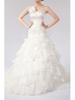 Satin Strapless Chapel Train Ball Gown Wedding Dress with Handmade Flowers