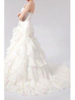 Satin Strapless Chapel Train Ball Gown Wedding Dress with Handmade Flowers