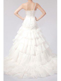 Satin Strapless Chapel Train Ball Gown Wedding Dress with Handmade Flowers