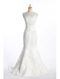 Satin One Shoulder Chapel Train Mermaid Wedding Dress with Sequins