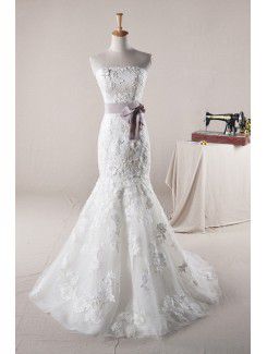 Lace Strapless Sweep Train Mermaid Wedding Dress with Embroidered