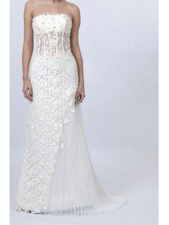 Organza Strapless Sweep Train Sheath Wedding Dress with Crystal